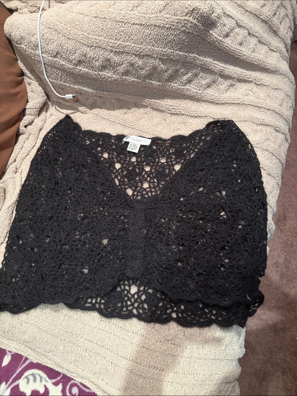 Central Park West Black Crochet Cropped Poncho Shrug